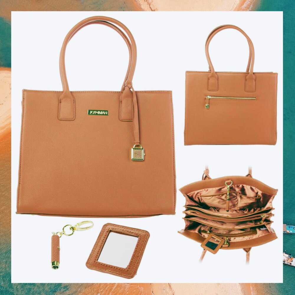 Joy & Iman Camel Pebbled Leather Designer Tote Purse Organizer Interior H562